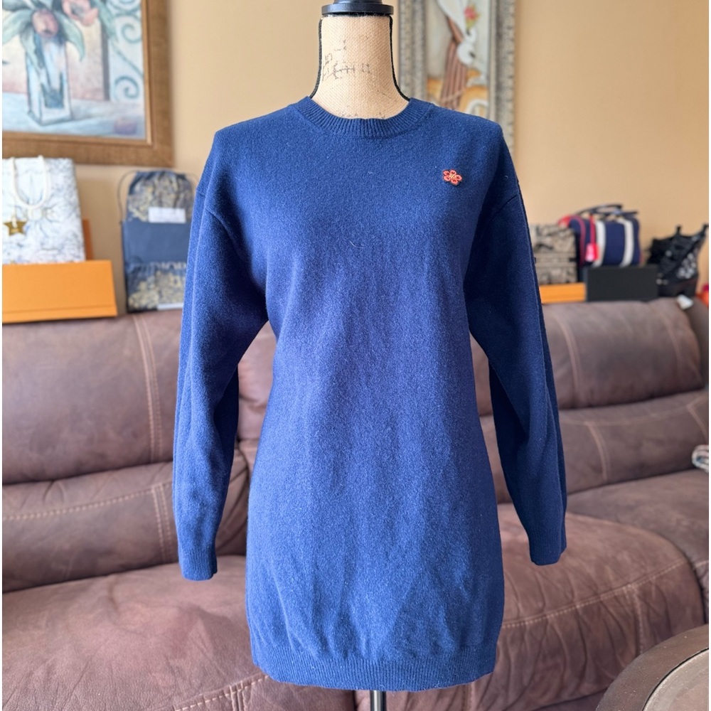 Kenzo Paris Navy Sweater With Boke Flower Crest 100% wool